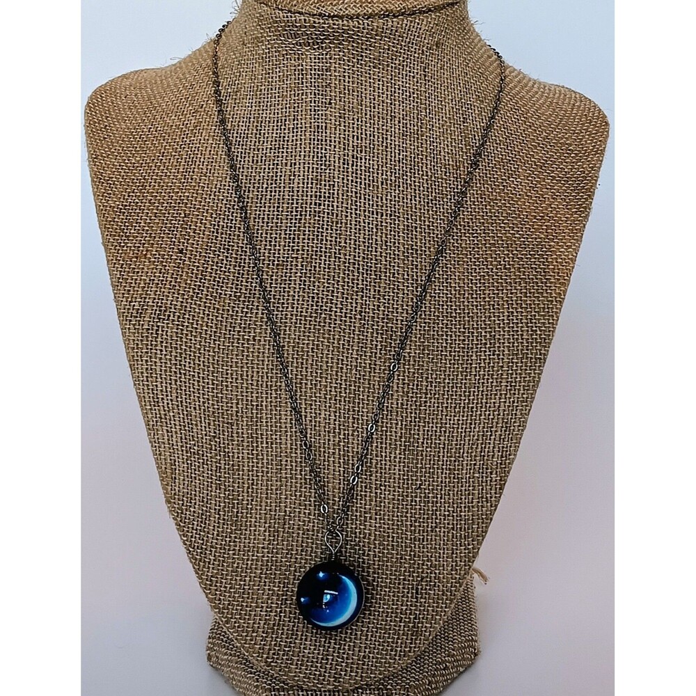 Celestial Moon & Star Glass Orb Pendant Silvertone Chain Necklace 18 in